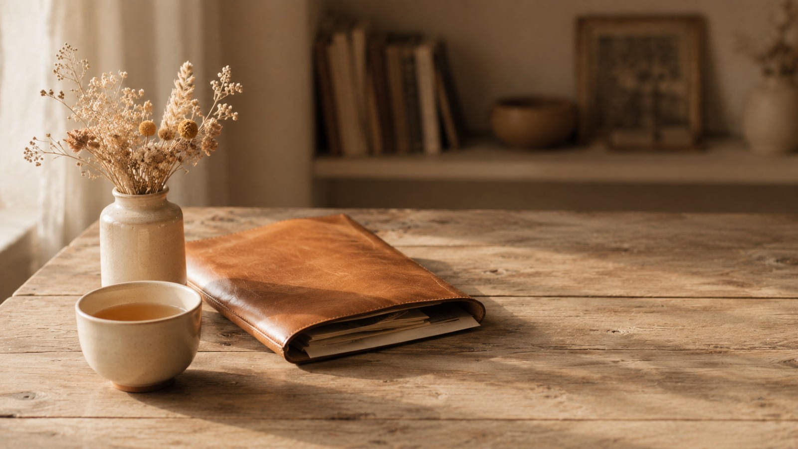 Une pochette de cuir patiné posée sur une table en bois ancien, à côté d'une tasse de thé et d'un petit vase de fleurs séchées, dans la lumière douce d'un intérieur calme